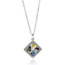 Load image into Gallery viewer, Sterling Silver Necklace with Fancy Paved Clear Czs Open Diamond Shaped Pendant Centered with Multi-Colored and Shape StonesAnd Chain Length of 16 -18  AdjustableAnd Pendant Dimensions: 22MMx19MM