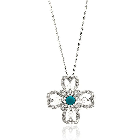 Sterling Silver Rhodium Plated Open Flower Center Blue CZ Necklace