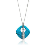 Sterling Silver Rhodium Plated Turquoise Open Square Stone Center Circle CZ Necklace