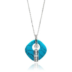 Sterling Silver Rhodium Plated Turquoise Open Square Stone Center Circle CZ Necklace