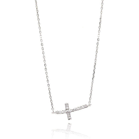Sterling Silver Rhodium Plated Sideways Cross CZ Necklace