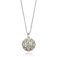 Load image into Gallery viewer, Sterling Silver Necklace with Filigree Cut-Out Pendant Heart and Gold Plated Lined Flower Design Inlaid with Clear CzsAnd Chain Length of 16  AdjustableAnd Pendant Dimensions: 23.7MMx20.8MM