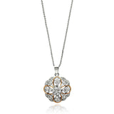 Sterling Silver Necklace with Filigree Cut-Out Pendant Heart and Gold Plated Lined Flower Design Inlaid with Clear CzsAnd Chain Length of 16  AdjustableAnd Pendant Dimensions: 23.7MMx20.8MM