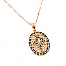 Load image into Gallery viewer, Sterling Silver Rose Gold Plated Necklace with Elegant Oval Filigree Pendant Inlaid with Clear Czs on Black SettingAnd Chain Length of 16  AdjustableAnd Pendant Dimensions: 30.6MMx17.9MM