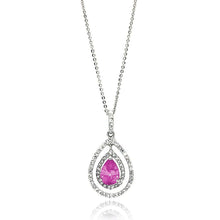 Load image into Gallery viewer, Sterling Silver Necklace with Centered  Pearshape Cut Pink Cz Double Open Teardrop Pendant Inlaid with Clear CzsAnd Chain Length of 16  AdjustableAnd Pendant Dimensions: 32.3MMx16.8MM