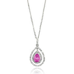 Sterling Silver Necklace with Centered  Pearshape Cut Pink Cz Double Open Teardrop Pendant Inlaid with Clear CzsAnd Chain Length of 16  AdjustableAnd Pendant Dimensions: 32.3MMx16.8MM