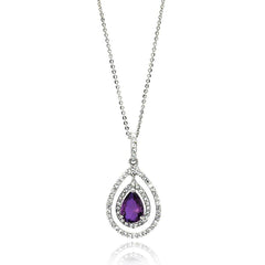 Sterling Silver Necklace with Centered  Pearshape Cut Amethyst Cz Double Open Teardrop Pendant Inlaid with Clear CzsAnd Chain Length of 16  AdjustableAnd Pendant Dimensions: 32.3MMx16.8MM