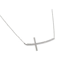 Load image into Gallery viewer, Sterling Silver Necklace with Paved Clear Czs Sideways Cross PendantAnd Chain Length of 16 -18  AdjustableAnd Pendant Dimensions: 39.8MMx21MM
