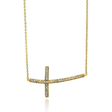 Load image into Gallery viewer, Sterling Silver Gold Plated Sideways Cross CZ Necklace
