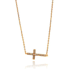 Load image into Gallery viewer, Sterling Silver Rose Gold Plated Necklace with Stylish Sideways Cross Inlaid with Clear Czs PendantAnd Chain Length of 16 And Pendant Dimensions: 9.9MMx22.1MM