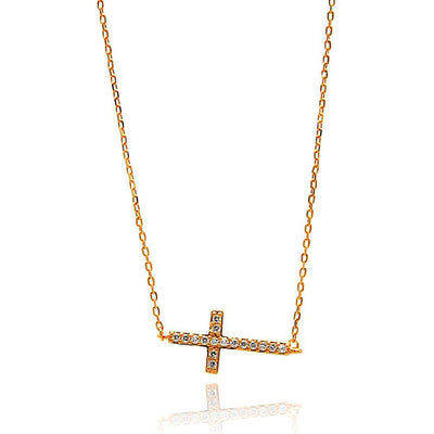 Sterling Silver Rose Gold Plated Necklace with Stylish Sideways Cross Inlaid with Clear Czs PendantAnd Chain Length of 16 And Pendant Dimensions: 9.9MMx22.1MM