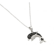 Load image into Gallery viewer, Rhodium Plated Sterling Silver Black and Clear Dolphin Necklace Paved with Black and Clear CZAnd Chain Length of 16  Plus 2  Extension