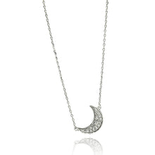 Load image into Gallery viewer, Rhodium Plated Sterling Silver Crescent Moon Necklace with Paved CZ Stones