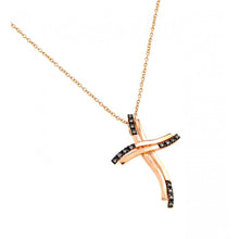 Load image into Gallery viewer, Sterling Silver Rose Gold Plated Necklace with Curvy Cross Pendant Inlaid with Clear Czs on Black Plated SettingAnd Chain Length of 16  AdjustableAnd Pendant Dimensions: 35.5MMx24.4MM