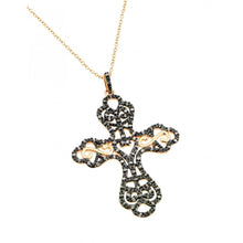 Load image into Gallery viewer, Sterling Silver Rose Gold Plated Necklace with Black Plated Filigree Cross Inlaid with Clear Czs PendantAnd Chain Length of 16  AdjustableAnd Pendant Dimensions: 52.6MMx34.5MM