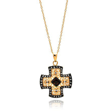 Load image into Gallery viewer, Sterling Silver Rose Gold Plated Necklace with Filigree Cross Pendant Centered with Garnet Cz and Inlaid with Clear Czs on Black Plated SettingAnd Chain Length of 16 -18  AdjustableAnd Pendant Dimensions: