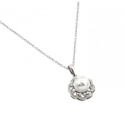 Sterling Silver Necklace Elegant Pendant Flower Shaped Inlaid with Clear Czs and Centered White PearlAnd Chain Length of 16 -18  AdjustabeAnd Pendant Diameter: 13.1MM
