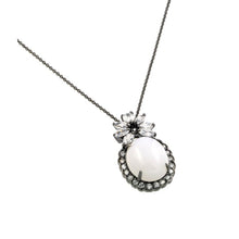 Load image into Gallery viewer, Sterling Silver Black Rhodium Plated Necklace Fancy Pendant Centered with Oval White Stone and Halo Set with Clear Czs with Marquise Cut Flower Shaped Design On TopAnd Chain Length of 18 And Pendant Dimen