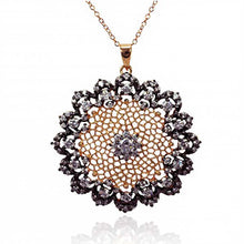 Load image into Gallery viewer, Sterling Silver Rose Gold Plated Necklace with Two-Toned Filigree Flower Set with Black and Clear Czs PendantAnd Chain Length of 16 -18  AdjustableAnd Pendant Diameter: 37MM