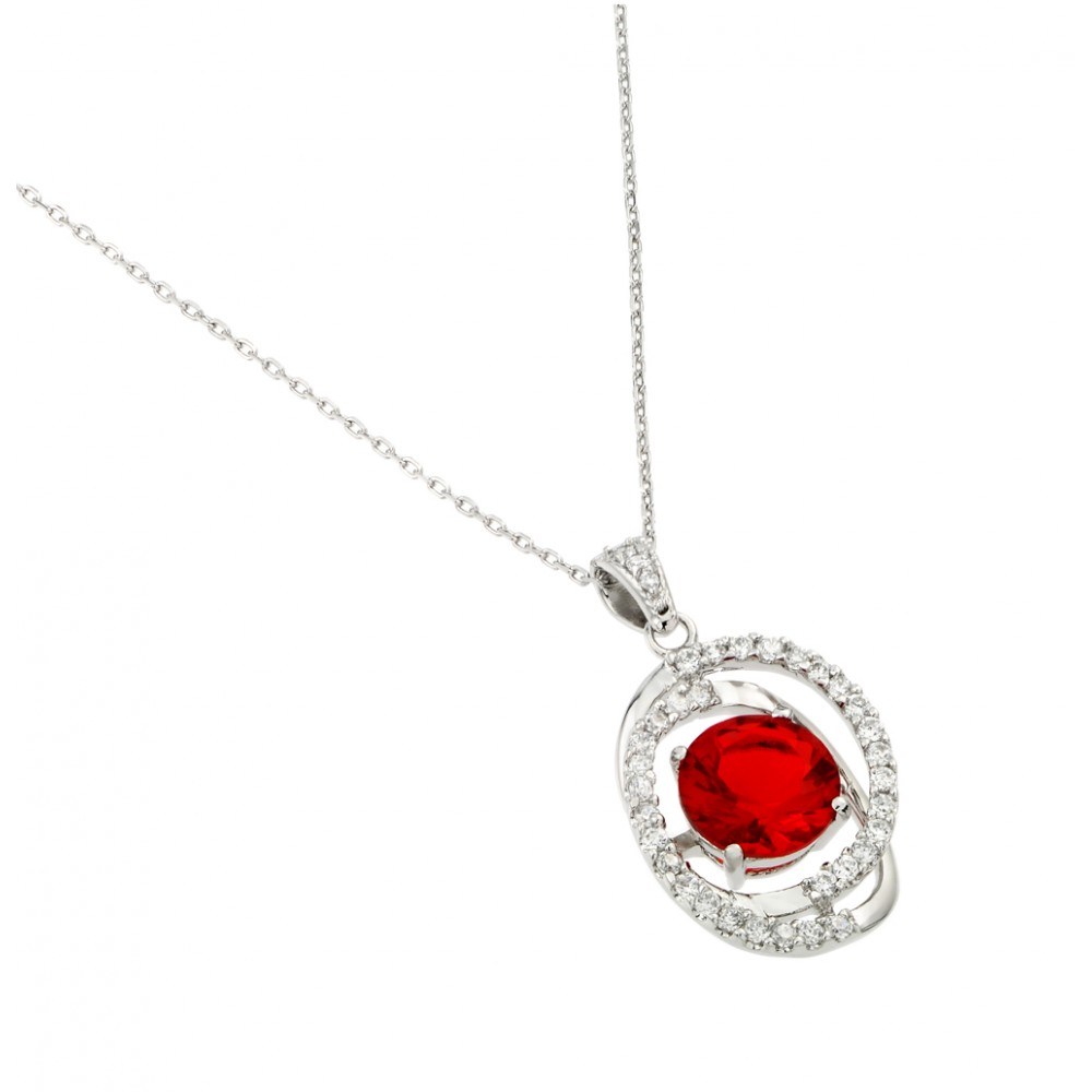 Rhodium Plated Sterling Silver Necklace with Clear CZ and Round Cut Red Stone PendantAnd Chain Length of 16  Plus 1  Extension