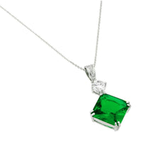 Load image into Gallery viewer, Rhodium Plated Sterling Silver Square Green CZ Pendant with Round Cut Clear CZ stone NecklaceAnd Chain Length of 16  Plus 1  Extension