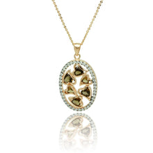 Load image into Gallery viewer, Sterling Silver Gold Plated Necklace with Paved Clear Cz Oval Frame Pendant Inlaid with Multiple Heart Cut Olivine Cz on Bezel Setting