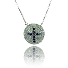 Load image into Gallery viewer, Sterling Silver Rhodium Plated Disc Blue Cross CZ Inlay Necklace