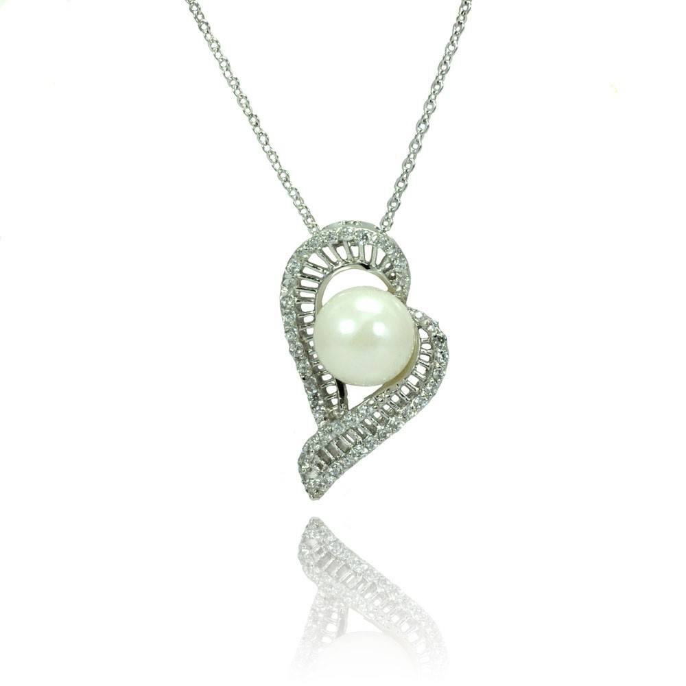 Sterling Silver Necklace with Elegant Design Inlaid with Clear Czs and White Pearl PendantAnd Chain Length of 16 -18  AdjustableAnd Pendant Dimensions: 24MMx14MM