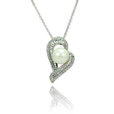 Sterling Silver Necklace with Elegant Design Inlaid with Clear Czs and White Pearl PendantAnd Chain Length of 16 -18  AdjustableAnd Pendant Dimensions: 24MMx14MM