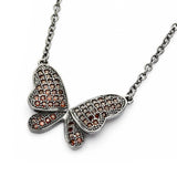 Sterling Silver Black Rhodium Plated Necklace with Trendy Butterfly Pendant with Paved Garnet CzsAnd Pendant Dimesnions of 15MMx21MM