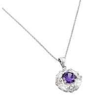 Load image into Gallery viewer, Sterling Silver Necklace with Elegant Pendant Solitaire Round Cut Amethyst Cz on Center and Halo Prong Set with Straight Baguette and Round Cut Clear CzAnd Chain Length of 16 -18  AdjustableAnd Pendant Di