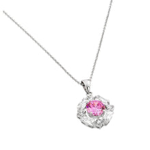 Load image into Gallery viewer, Sterling Silver Necklace with Elegant Pendant Solitaire Round Cut Pink Cz on Center and Halo Prong Set with Straight Baguette and Round Cut Clear CzAnd Chain Length of 16 -18  AdjustableAnd Pendant Dimens