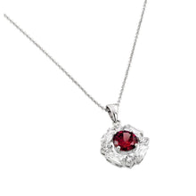Load image into Gallery viewer, Sterling Silver Necklace with Elegant Pendant Solitaire Round Cut Ruby Cz on Center and Halo Prong Set with Straight Baguette and Round Cut Clear CzAnd Chain Length of 16 -18  AdjustableAnd Pendant Dimens