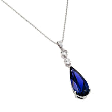 Load image into Gallery viewer, Sterling Silver Necklace with Round Clear Cz Connected with Dangling Solitaire Prong Set with Teardrop Cut Blue Sapphire Cz PendantAnd Chain Length of 16 -18  AdjustableAnd Pendant Dimensions: 10.3MMx46.8