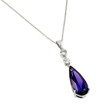Load image into Gallery viewer, Sterling Silver Necklace with Round Clear Cz Connected with Dangling Solitaire Prong Set with Teardrop Cut Amethyst Cz PendantAnd Chain Length of 16 -18  AdjustableAnd Pendant Dimensions: 10.3MMx46.8MM