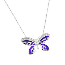 Load image into Gallery viewer, Sterling Silver Necklace with Purple Enamel Butterfly Inlaid with Clear Czs PendantAnd Chain Length of 16  AdjustableAnd Pendant Dimensions: 21.6MMx34.6MM