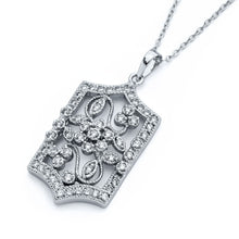 Load image into Gallery viewer, Sterling Silver Necklace with Vintage Style Filigree Flower Frame Inlaid with Clear Czs PendantAnd Pendant Dimensions of 39MMx19MM