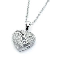 Load image into Gallery viewer, Sterling Silver Necklace with Fancy Heart Pendant with   I Love You  Engraved and Single Clear Cz InlaidAnd Pendant Dimensions of 20MMx15MM