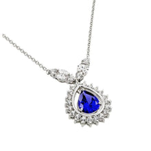 Load image into Gallery viewer, Sterling Silver Necklace with Elegant Pendant Centered with Pearshape Cut Blue Sapphire Cz and Halo Set with Clear CzsAnd Chain Length of 16  AdjustableAnd Pendant Dimensions: 32.4MMx19MM