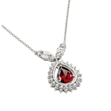 Load image into Gallery viewer, Sterling Silver Necklace with Elegant Pendant Centered with Pearshape Cut Garnet Cz and Halo Set with Clear CzsAnd Chain Length of 16  AdjustableAnd Pendant Dimensions: 32.4MMx19MM