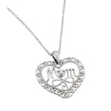 Sterling Silver Necklace with Open Filigree Heart and Centered Word  Mom  Pendant Inlaid with Single Clear CzAnd Chain Length of 16  AdjustableAnd Pendant Dimensions: 23.3MMx24.4MM