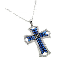 Load image into Gallery viewer, Sterling Silver Necklace with Stylish Large Cross Pendant Inlaid with Marquise Cut Blue Sapphire and Round Clear Czs on Black Plated SettingAnd Chain Length of 16  AdjustableAnd Pendant Dimensions: 51MMx3