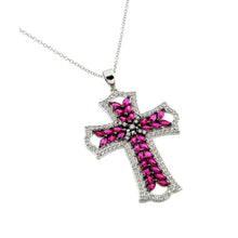 Load image into Gallery viewer, Sterling Silver Necklace with Stylish Large Cross Pendant Inlaid with Marquise Cut Hot Pink and Round Clear Czs on Black Plated SettingAnd Chain Length of 16  AdjustableAnd Pendant Dimensions: 51MMx31.5MM