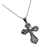 Load image into Gallery viewer, Sterling Silver Black Rhodium Plated Necklace with Gothic Cross Inlaid with Clear Cz and Centered Big Round Cz PendantAnd Chain Length of 16 -18  AdjustableAnd Pendant Dimensions: 42.5MMx25.2MM