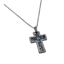 Load image into Gallery viewer, Sterling Silver Black Rhodium Finish Necklace with Modish Paved Clear and Blue Sapphire Czs Cross PendantAnd Chain Length of 16 -18  AdjustableAnd Pendant Dimensions: 30.6MMx17.4MM