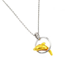 Load image into Gallery viewer, Sterling Silver Necklace with Gold Plated Dolphin Leaping Over Hoop PendantAnd Chain Length of 16  with 2  ExtensionAnd Pendant Dimensions: 19.5MMx14.9MM