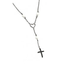 Load image into Gallery viewer, Sterling Silver Rhodium Plated Open Heart with Black CZ Stones and Pearls Pendant Necklace