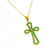 Load image into Gallery viewer, Sterling Silver Fashionable Gold Plated Open Cross Necklace with Green CZ InlayAnd Adjustable Chain Length of 16  Plus 2  Extension