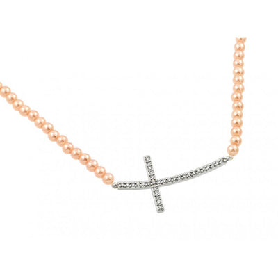 Sterling Silver Champagne Pearl Necklace with Sideways Paved Czs Curved Cross Pendant
