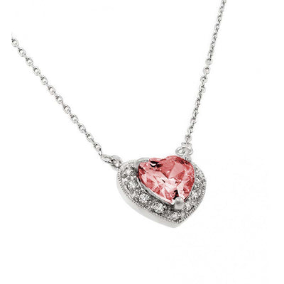 Sterling Silver Rhodium Plated Heart Shaped July Birthstone Pendant Necklace With Ruby And Clear CZ